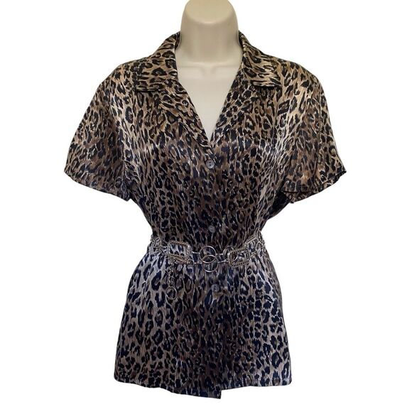 Vintage City Silk 100% Silk Leopard Print Button Front Blouse Short Sleeve Sz L - Picture 1 of 11